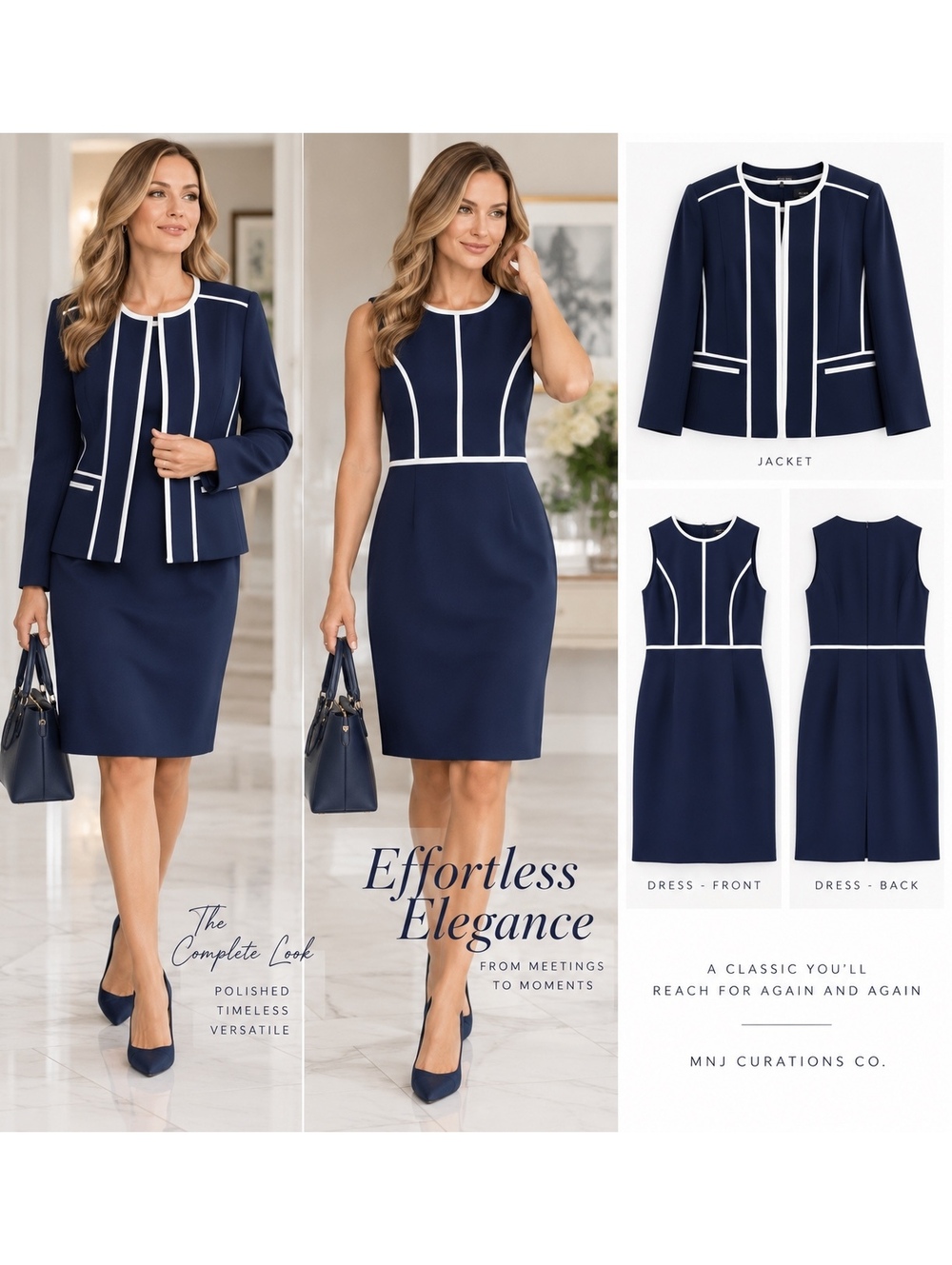 Evan-Picone Black Label Navy Dress Suit Jacket Set White Trim Career Formal SZ8